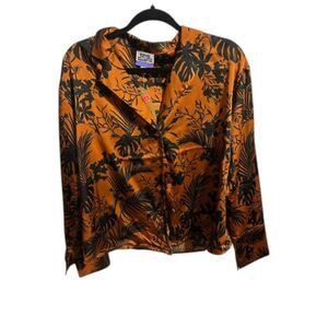 516 Rust Orange Floral Button-Down Blouse – Long Sleeve Satin Feel Top